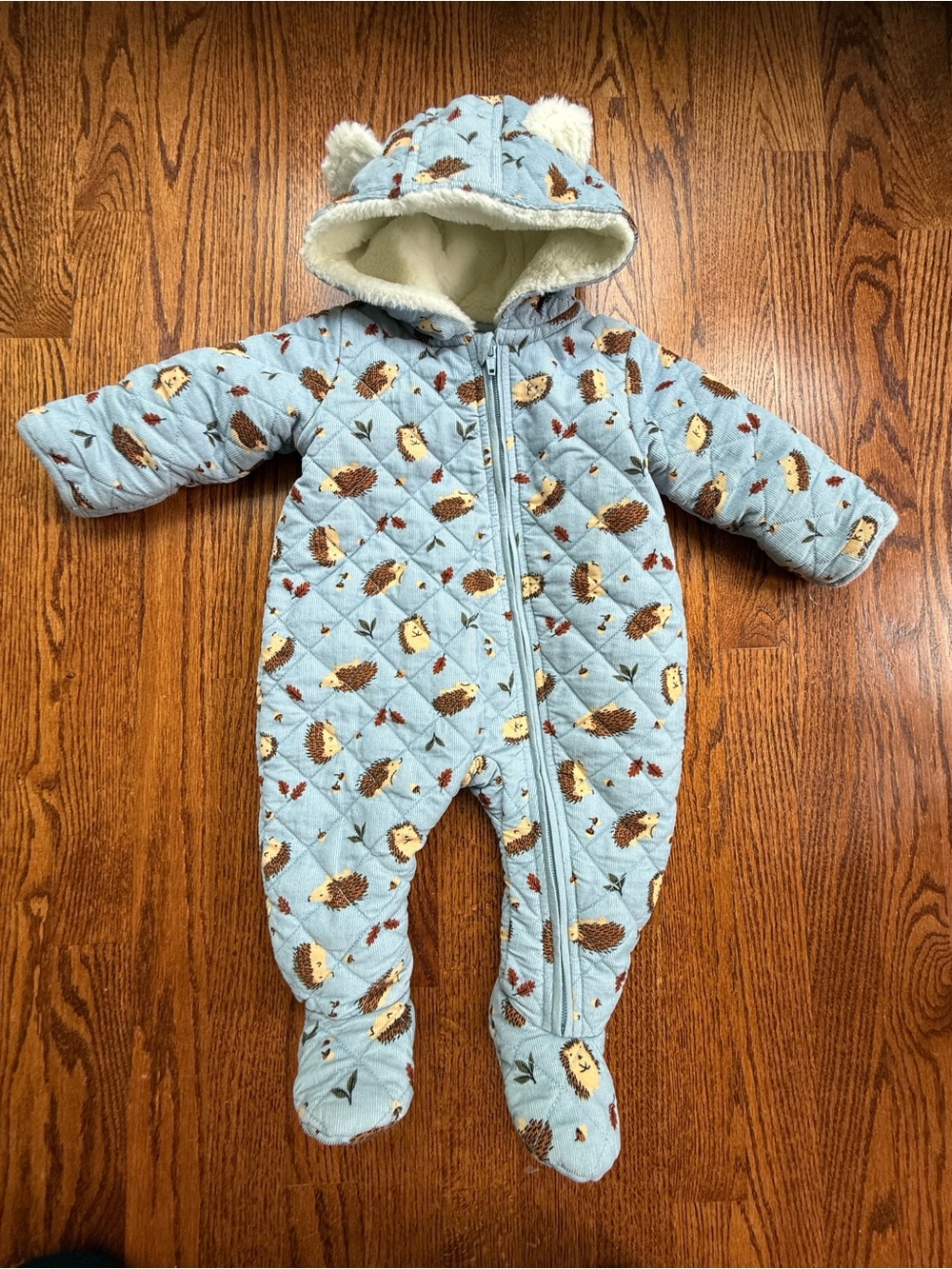Nordstrom Blue Quilted Baby Bunting with Hedgehogs 6 Months